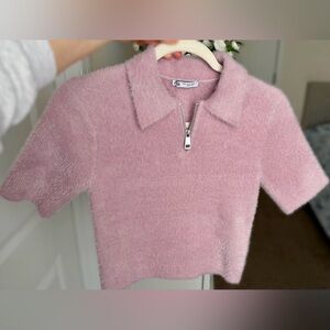 Zara Pink Fuzzy Half-Zip Sweater